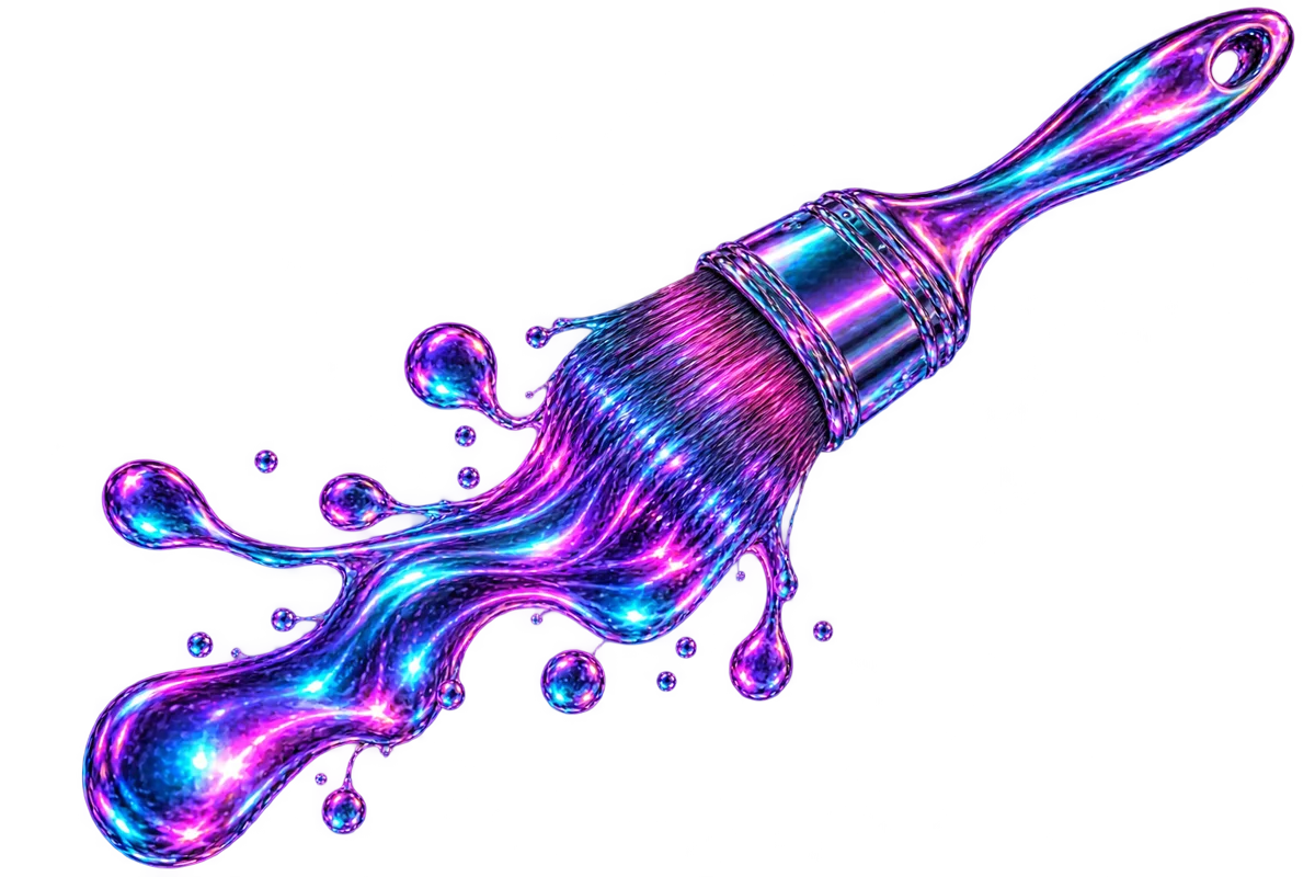 Pincel de cromo líquido goteando pintura violeta, magenta y cyan, representando el departamento de diseño