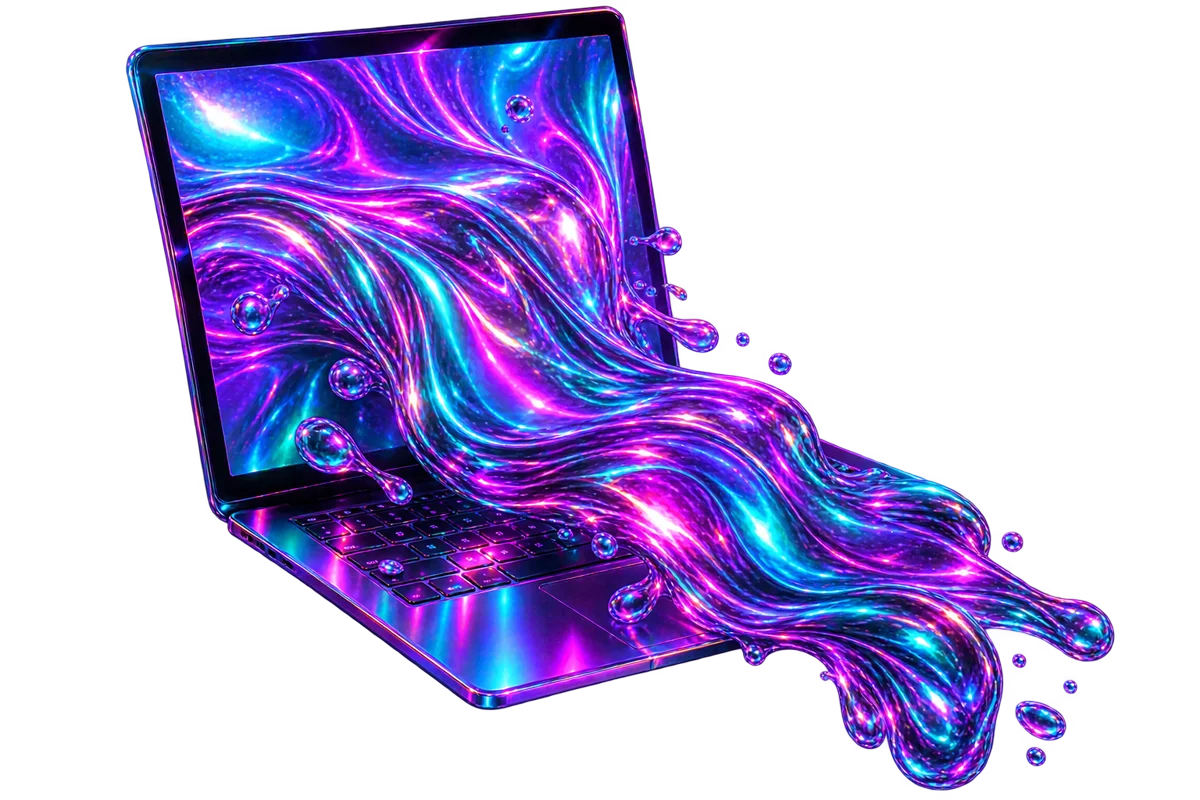 Laptop derramando líquido cromado violeta y cyan desde la pantalla, representando el departamento de desarrollo web y software