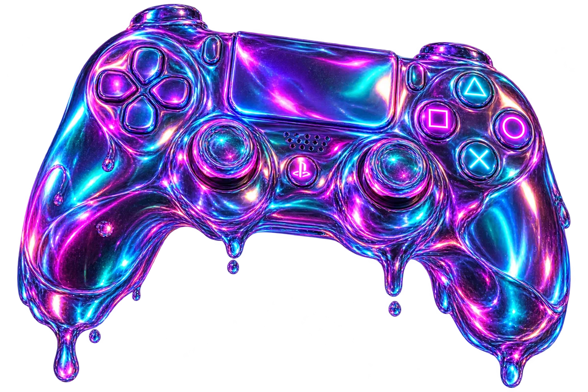Mando de videojuegos hecho de cromo líquido con botones luminosos, representando el departamento de desarrollo de videojuegos